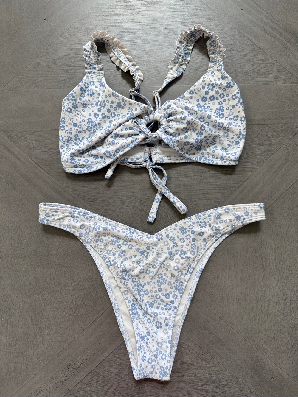 Hollister White & Light Blue Floral Ruffle Strap Bikini Set